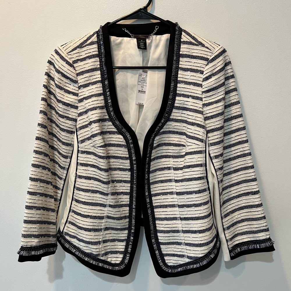 White House Black Market. White/Navy Stripe Metallic Fringe Tweed Jacket size 10